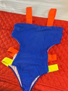 Bright Blue One-Piece Swimsuit with Neon Orange and Yellow Straps
